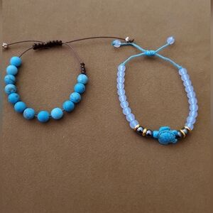 Cute Turquoise/ Blue Beaded Bracelet Set- Adjustable Sizes Turtle Charm